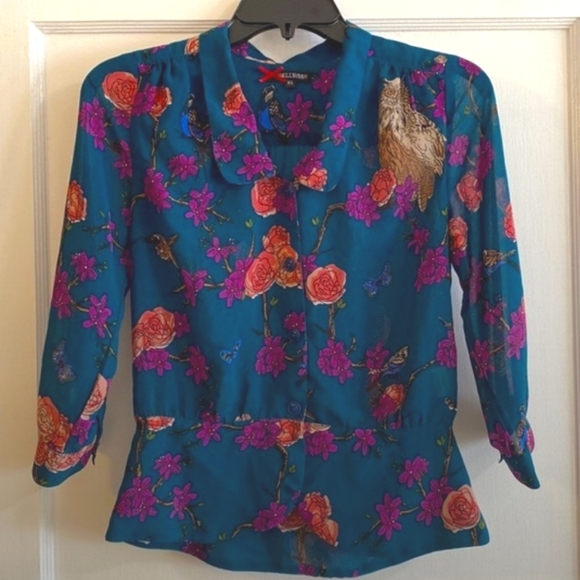 Hell Bunny Tops - Hell Bunny Sheer Woodland Button Down Blouse, tie neck Size XS pinup retro